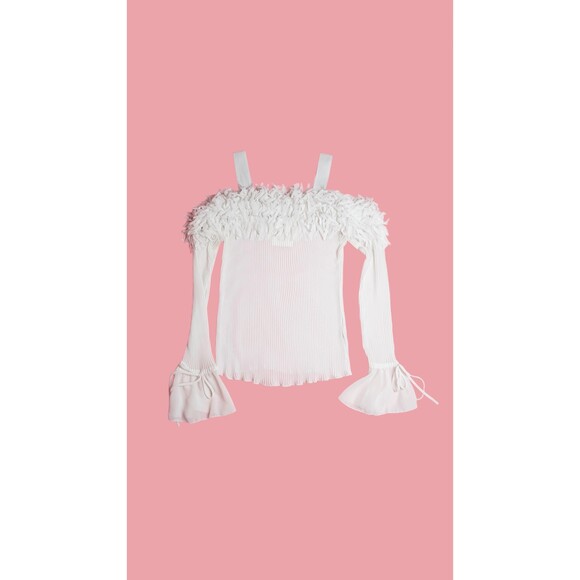 Y2K ASHLEY STEWART Cold Shoulder. Flutter Sleeve Blouse W/Fringe Detail. L-XL - Picture 1 of 9